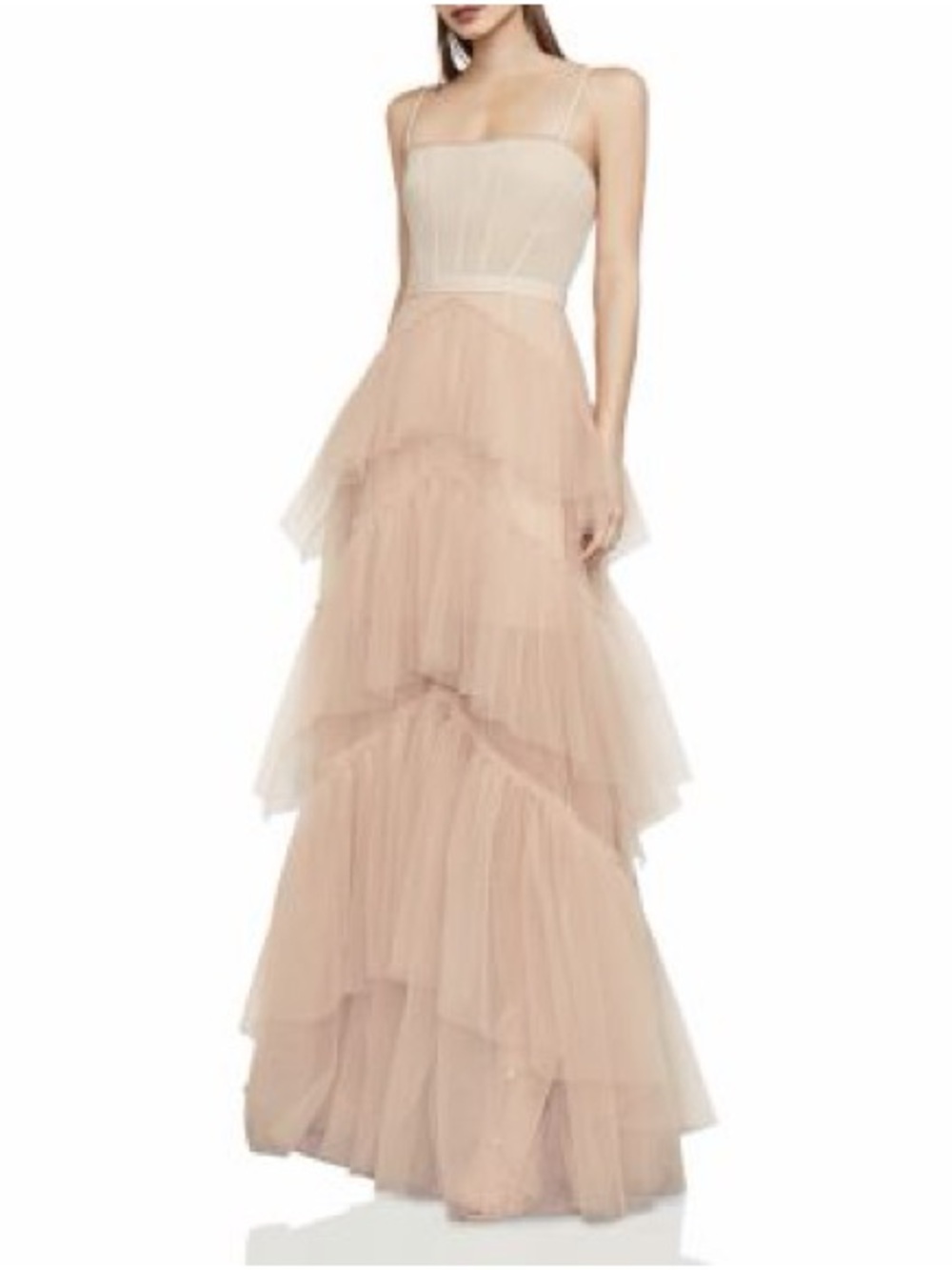 BCBG Tiered-Tulle Gown Spaghetti-Strap Evening Gown - Blush